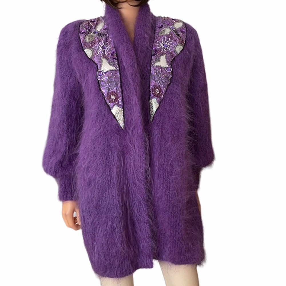 Vintage 80s Hand Made Embellished Purple Sweater Coat Cardigan